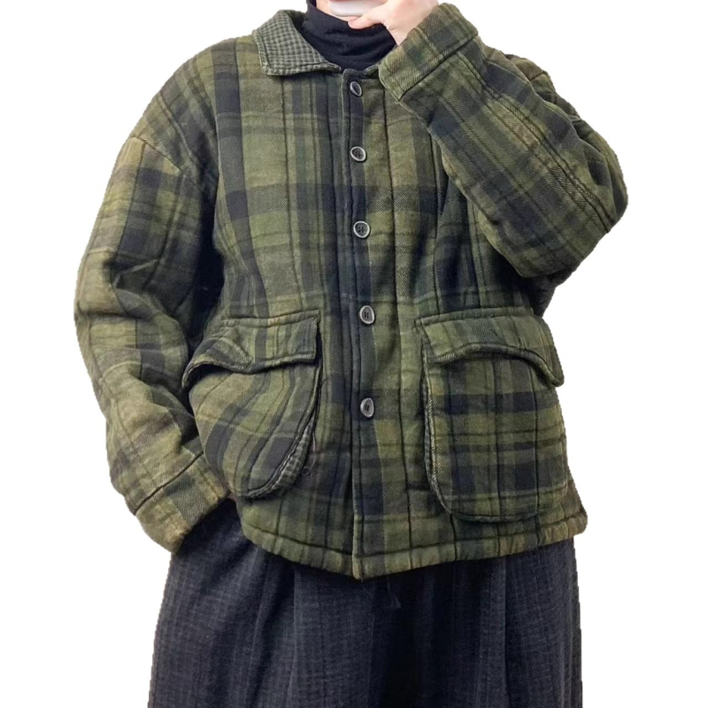 Női téli pamut kabát diagonális szövetű kockás mintával, szabad szabású, plusz méret, melegen bélelt, vintage árnyalat