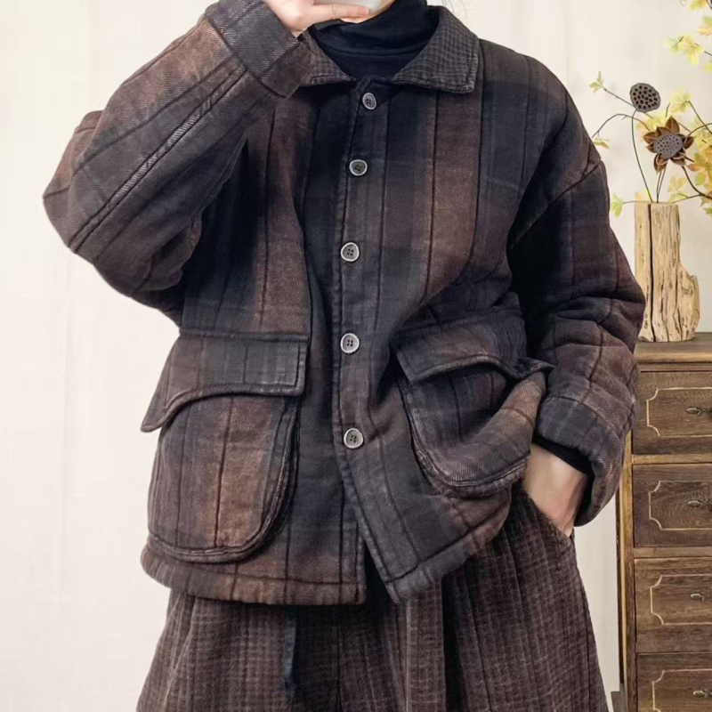 Női téli pamut kabát diagonális szövetű kockás mintával, szabad szabású, plusz méret, melegen bélelt, vintage árnyalat