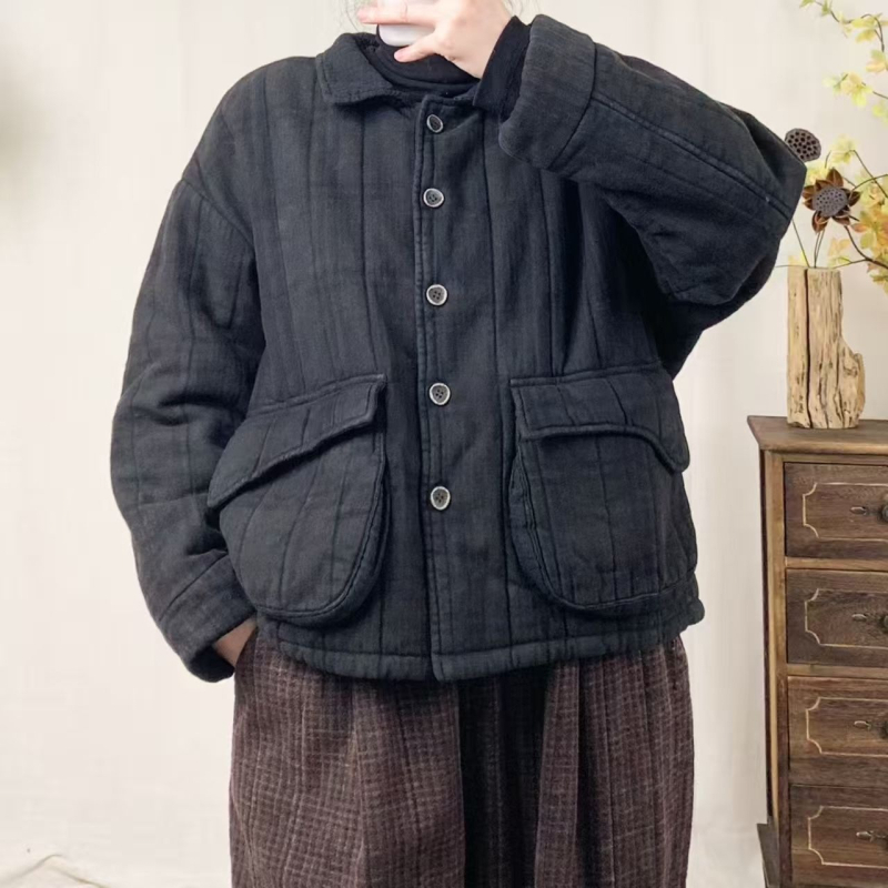 Női téli pamut kabát diagonális szövetű kockás mintával, szabad szabású, plusz méret, melegen bélelt, vintage árnyalat