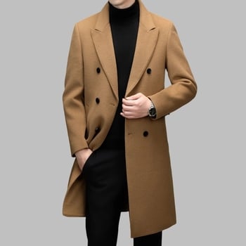 Palton masculin de lână, lungime medie, nasturi dubli, guler în stil sacou, căldură de înaltă calitate, căptușeală din blană de iepure