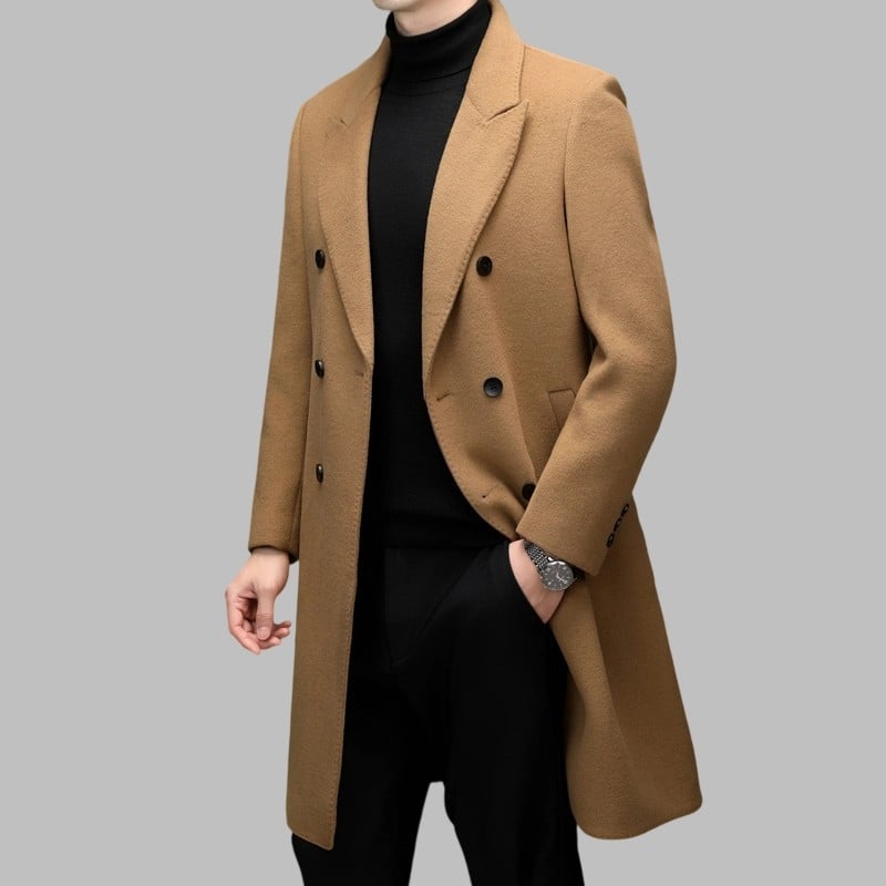 Palton masculin de lână, lungime medie, nasturi dubli, guler în stil sacou, căldură de înaltă calitate, căptușeală din blană de iepure