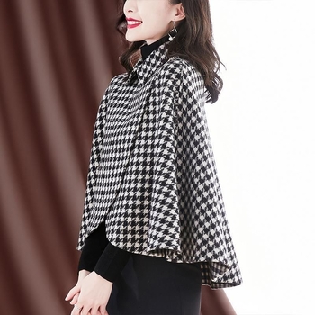 Női gyapjú köpeny kabát houndstooth mintával, bő szabás, hosszú ujjú, polo gallér, 2026 őszi-téli