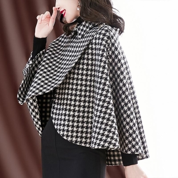 Női gyapjú köpeny kabát houndstooth mintával, bő szabás, hosszú ujjú, polo gallér, 2026 őszi-téli