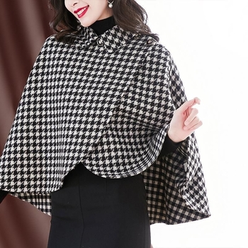 Női gyapjú köpeny kabát houndstooth mintával, bő szabás, hosszú ujjú, polo gallér, 2026 őszi-téli
