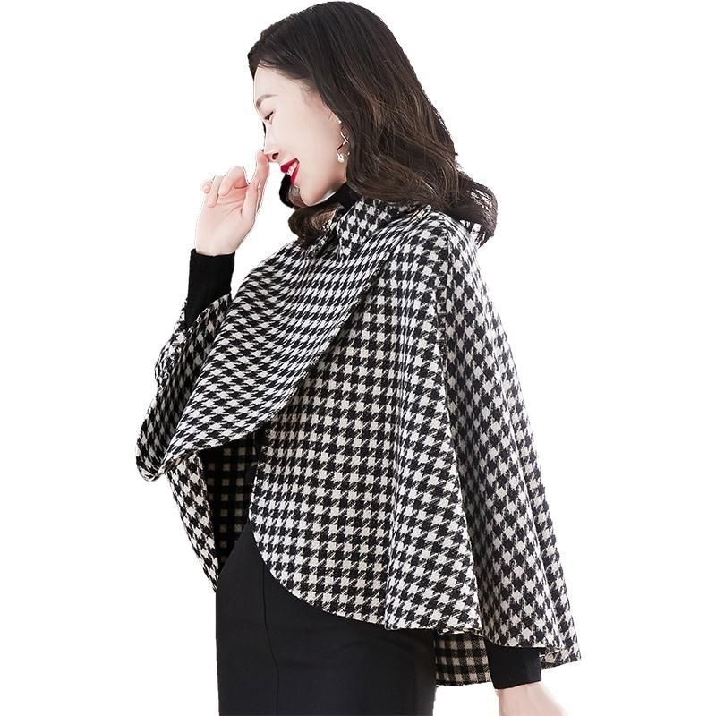 Női gyapjú köpeny kabát houndstooth mintával, bő szabás, hosszú ujjú, polo gallér, 2026 őszi-téli