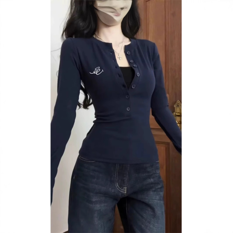 Tricou damă cu nasturi pe umeri, mânecă lungă, crop top de bază pentru primăvară-toamnă, croi slim, stil american
