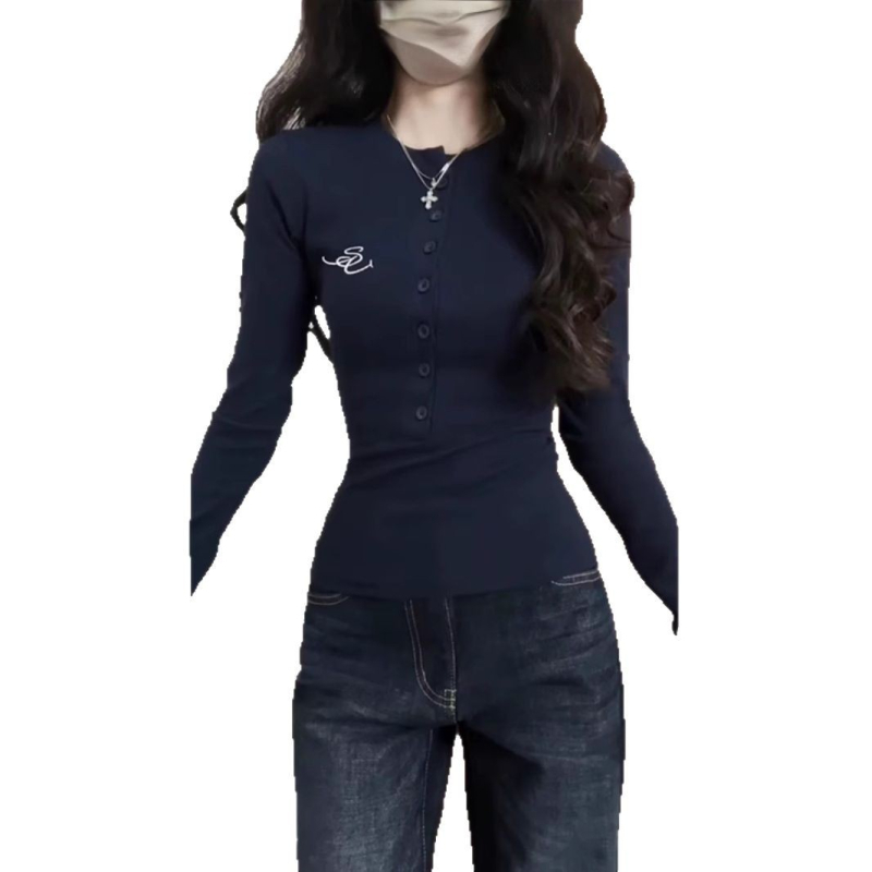 Tricou damă cu nasturi pe umeri, mânecă lungă, crop top de bază pentru primăvară-toamnă, croi slim, stil american