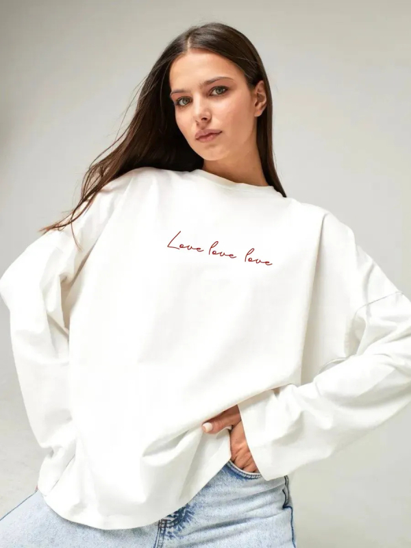 Tricou damă din bumbac 100% cu mânecă lungă, imprimeu cu litere, modă de toamnă