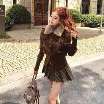 Palton de iarnă cafeniu pentru femei, patchwork din pluș, guler cu blană, croială lejeră, mâneci lungi, exterior elegant în stil cardigan