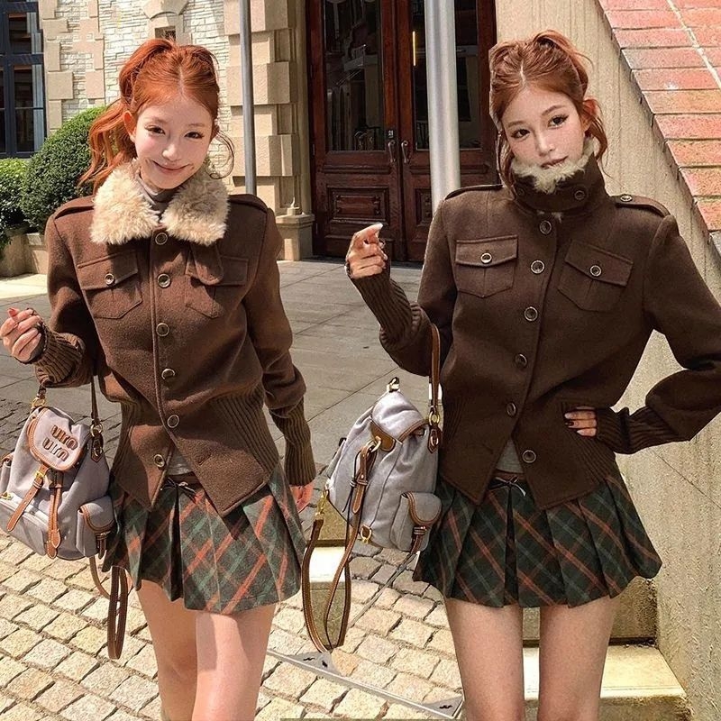 Palton de iarnă cafeniu pentru femei, patchwork din pluș, guler cu blană, croială lejeră, mâneci lungi, exterior elegant în stil cardigan