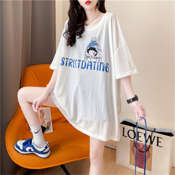 Tricou alb din bumbac cu imprimeu desen animat, croială lejeră, stil coreean, mâneci scurte, lungime midi, mărime mare