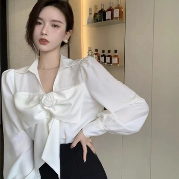Bluza albă cu funda franțuzească pentru femei, design elegant, cămașă din chiffon cu mâneci lungi, primăvară-toamnă