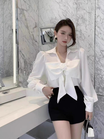 Bluza albă cu funda franțuzească pentru femei, design elegant, cămașă din chiffon cu mâneci lungi, primăvară-toamnă