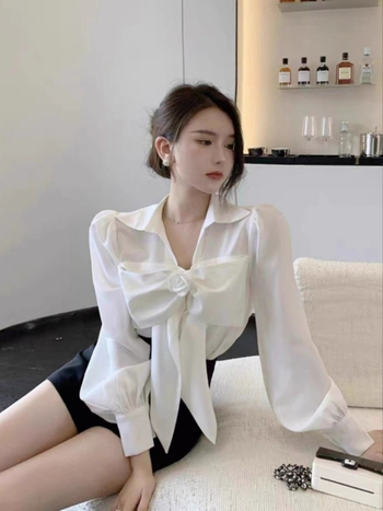 Bluza albă cu funda franțuzească pentru femei, design elegant, cămașă din chiffon cu mâneci lungi, primăvară-toamnă
