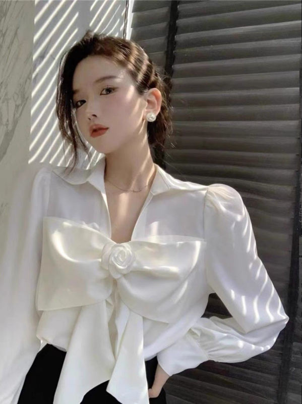 Bluza albă cu funda franțuzească pentru femei, design elegant, cămașă din chiffon cu mâneci lungi, primăvară-toamnă