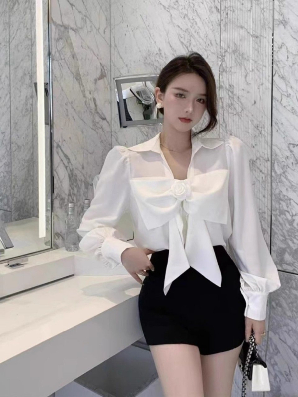 Bluza albă cu funda franțuzească pentru femei, design elegant, cămașă din chiffon cu mâneci lungi, primăvară-toamnă