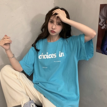 Tricou pentru femei cu imprimeu de litere, guler rotund, mâneci scurte, croială lejeră, amestec de bumbac și poliester, stil coreean și Harajuku