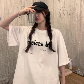 Tricou pentru femei cu imprimeu de litere, guler rotund, mâneci scurte, croială lejeră, amestec de bumbac și poliester, stil coreean și Harajuku
