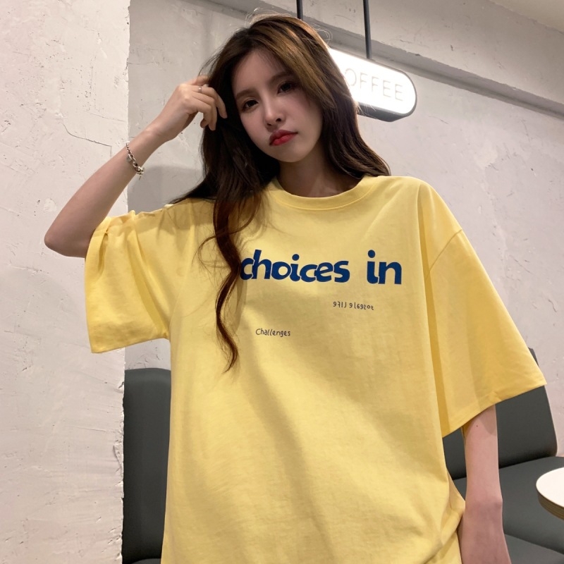 Tricou pentru femei cu imprimeu de litere, guler rotund, mâneci scurte, croială lejeră, amestec de bumbac și poliester, stil coreean și Harajuku