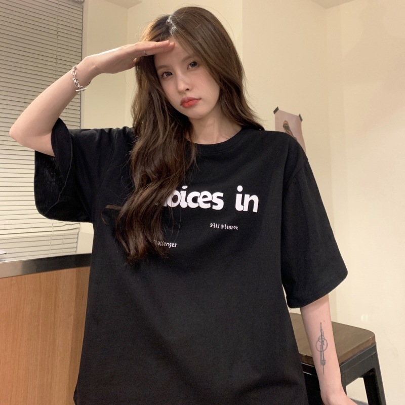 Tricou pentru femei cu imprimeu de litere, guler rotund, mâneci scurte, croială lejeră, amestec de bumbac și poliester, stil coreean și Harajuku