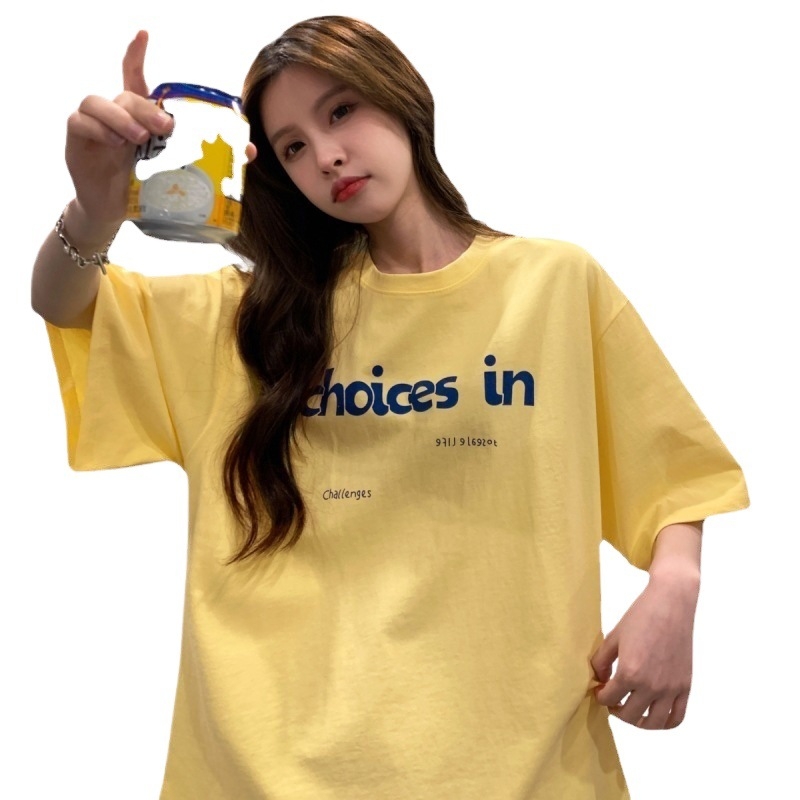 Tricou pentru femei cu imprimeu de litere, guler rotund, mâneci scurte, croială lejeră, amestec de bumbac și poliester, stil coreean și Harajuku