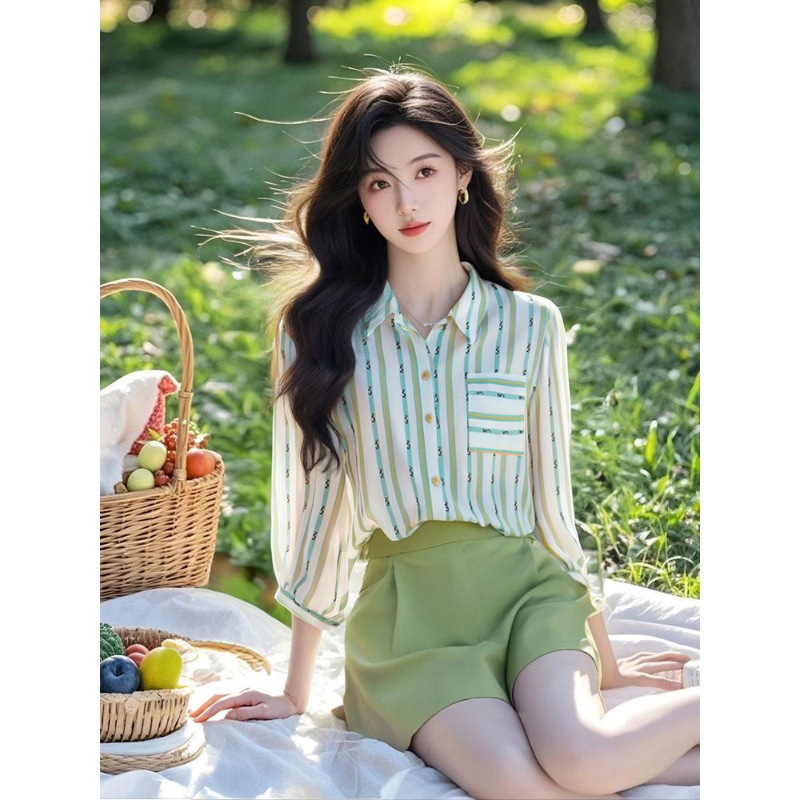 Cămașă polo cu guler, mâneci lungi, verde deschis, amestec chenille-spandex, primăvara 2025
