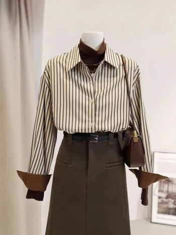 Cămașă femei cu dungi verticale, mâneci lungi, design unic, stil retro inspirat de Hong Kong, bluza pentru purtare în straturi