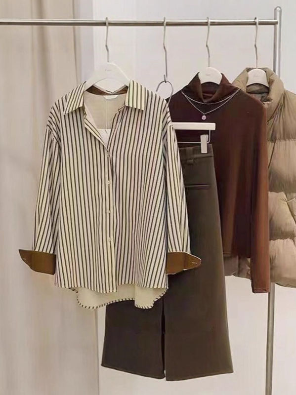 Cămașă femei cu dungi verticale, mâneci lungi, design unic, stil retro inspirat de Hong Kong, bluza pentru purtare în straturi