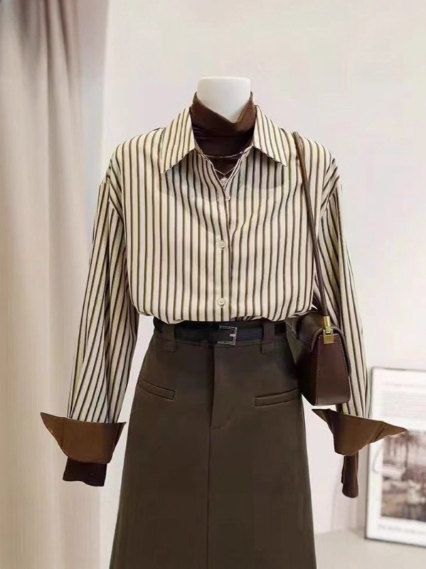 Cămașă femei cu dungi verticale, mâneci lungi, design unic, stil retro inspirat de Hong Kong, bluza pentru purtare în straturi