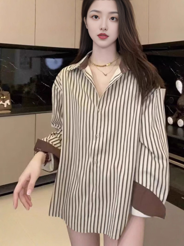 Cămașă femei cu dungi verticale, mâneci lungi, design unic, stil retro inspirat de Hong Kong, bluza pentru purtare în straturi