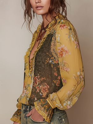 2026 Bluza din chiffon floral cu fermoar frontal și pliuri