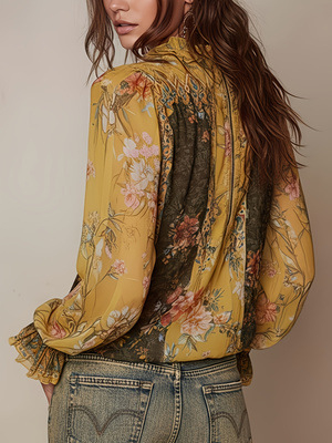 2026 Bluza din chiffon floral cu fermoar frontal și pliuri