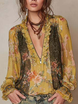 2026 Bluza din chiffon floral cu fermoar frontal și pliuri