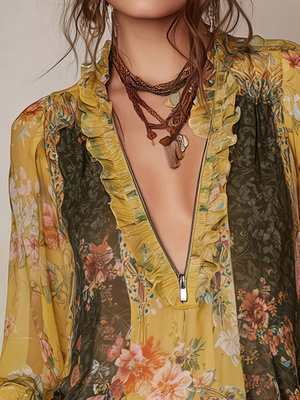 2026 Bluza din chiffon floral cu fermoar frontal și pliuri