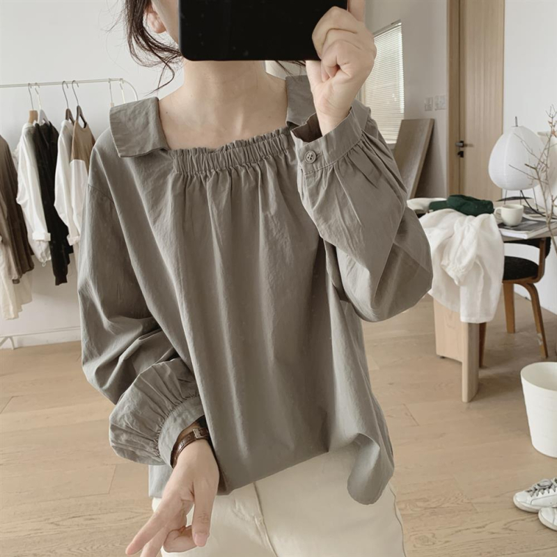 Cămașă cu guler pătrat, mâneci lungi, design minimalist proaspăt, top pulover