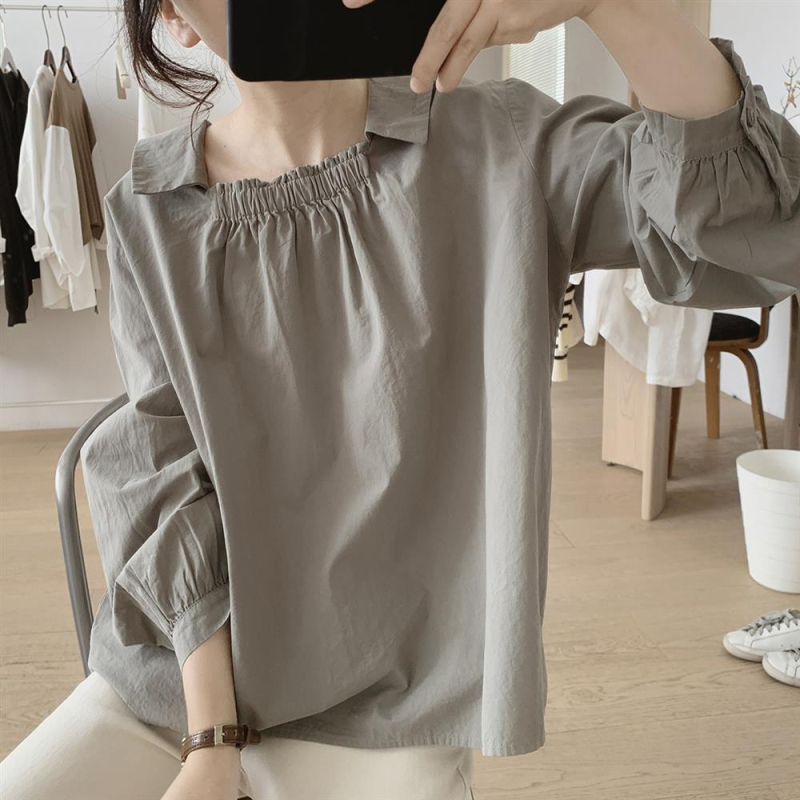 Cămașă cu guler pătrat, mâneci lungi, design minimalist proaspăt, top pulover