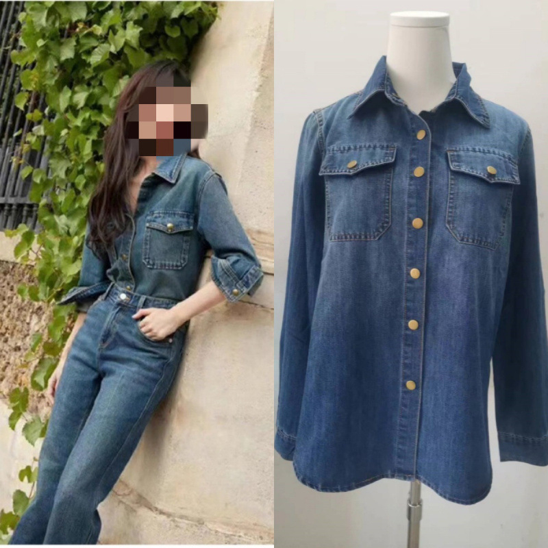 Cămașă din denim albastru pentru femei, mâneci lungi, stil retró inspirat de Hong Kong, colecția primăvară 2026