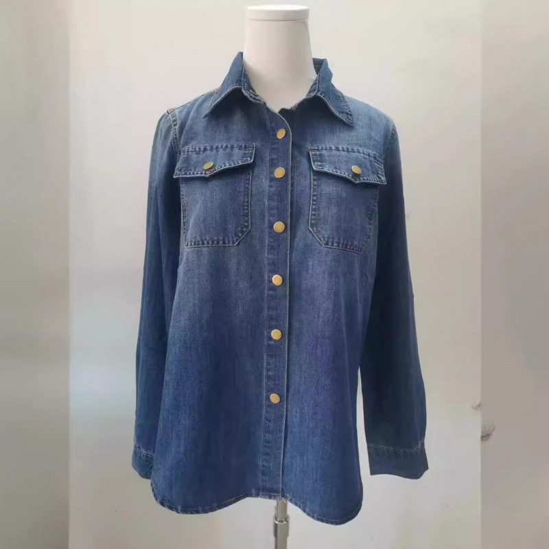 Cămașă din denim albastru pentru femei, mâneci lungi, stil retró inspirat de Hong Kong, colecția primăvară 2026