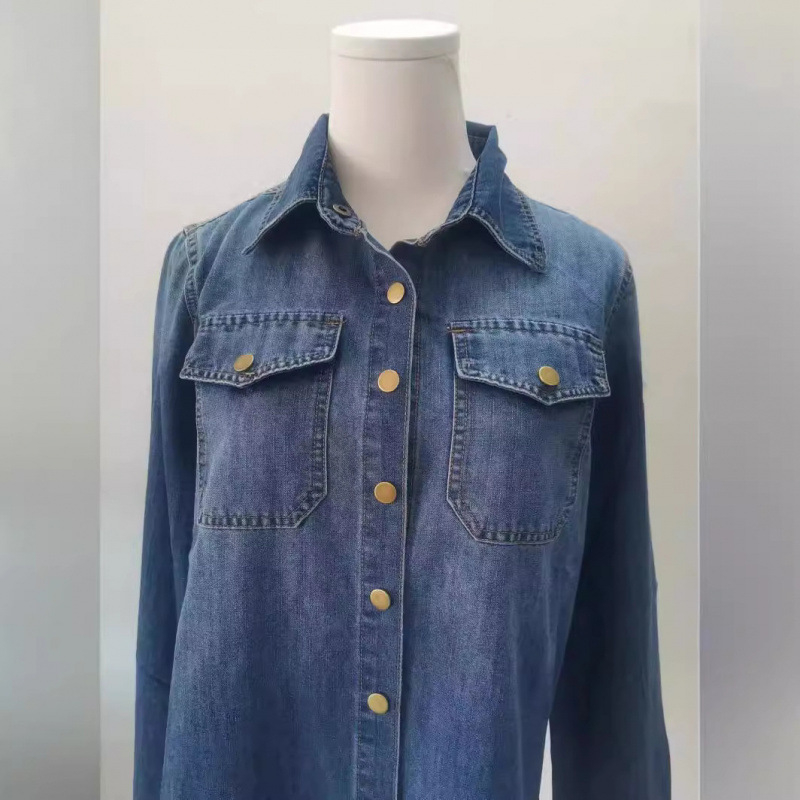 Cămașă din denim albastru pentru femei, mâneci lungi, stil retró inspirat de Hong Kong, colecția primăvară 2026
