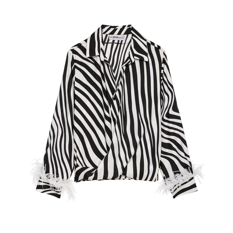 Unizera cămașă de damă cu imprimeu animal și pene, poliester, decolteu în V, mâneci lungi, vara 2026, casual, 3222195