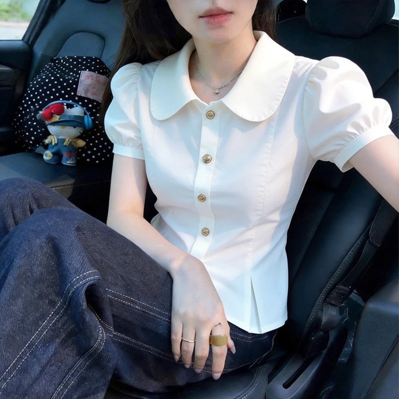 Női koreai stílusú mosott pamutból készült rövid ujjú ing, doll collar, nyár 2026 — laza, sokoldalú rövid top