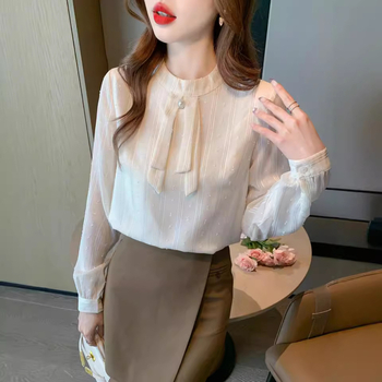 Női hosszú ujjú chiffon blúz francia chic stílusban, álló gallérral és szalaggal kötött, karcsú vonal