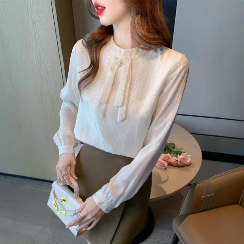 Női hosszú ujjú chiffon blúz francia chic stílusban, álló gallérral és szalaggal kötött, karcsú vonal