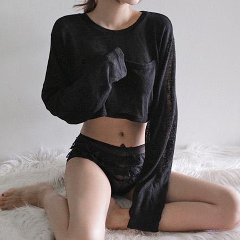 Pamutból készült crop top hosszú ujjú, laza szabás, tavasz-nyár, midriff feltáró, szexi női póló