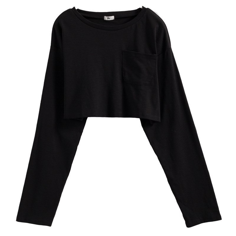 Pamutból készült crop top hosszú ujjú, laza szabás, tavasz-nyár, midriff feltáró, szexi női póló