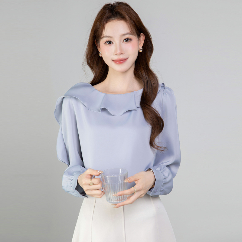 Bluza vaporoasă din chiffon, stil franțuzesc, mâneci lungi, cu mărgele și volane, pentru femei, model 2026, elegantă și versatilă