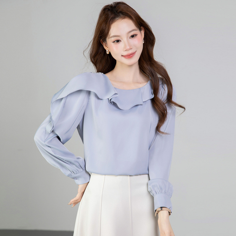 Bluza vaporoasă din chiffon, stil franțuzesc, mâneci lungi, cu mărgele și volane, pentru femei, model 2026, elegantă și versatilă