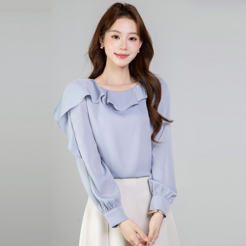 Bluza vaporoasă din chiffon, stil franțuzesc, mâneci lungi, cu mărgele și volane, pentru femei, model 2026, elegantă și versatilă