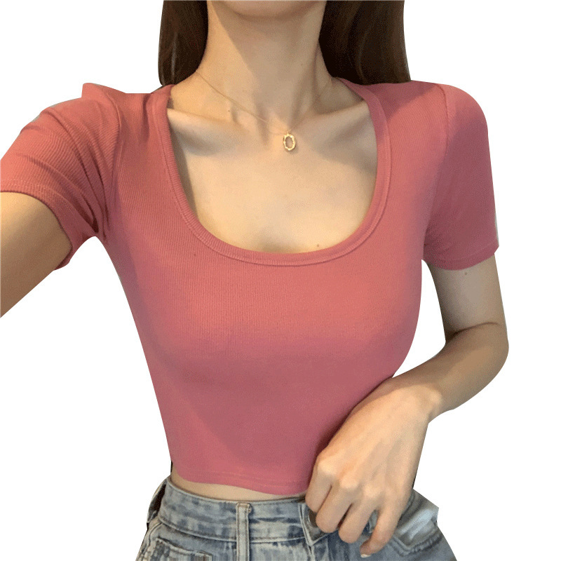 Női koreai stílusú karcsúsított rövid ujjú crop top, nyár 2025