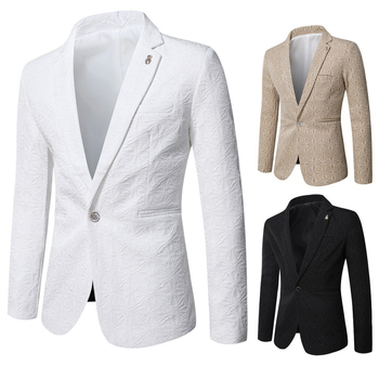 Fehér jacquard slim-fit zakó férfiaknak, koreai stílus, tavasz–ősz szezonra, egygombos, álló gallérral